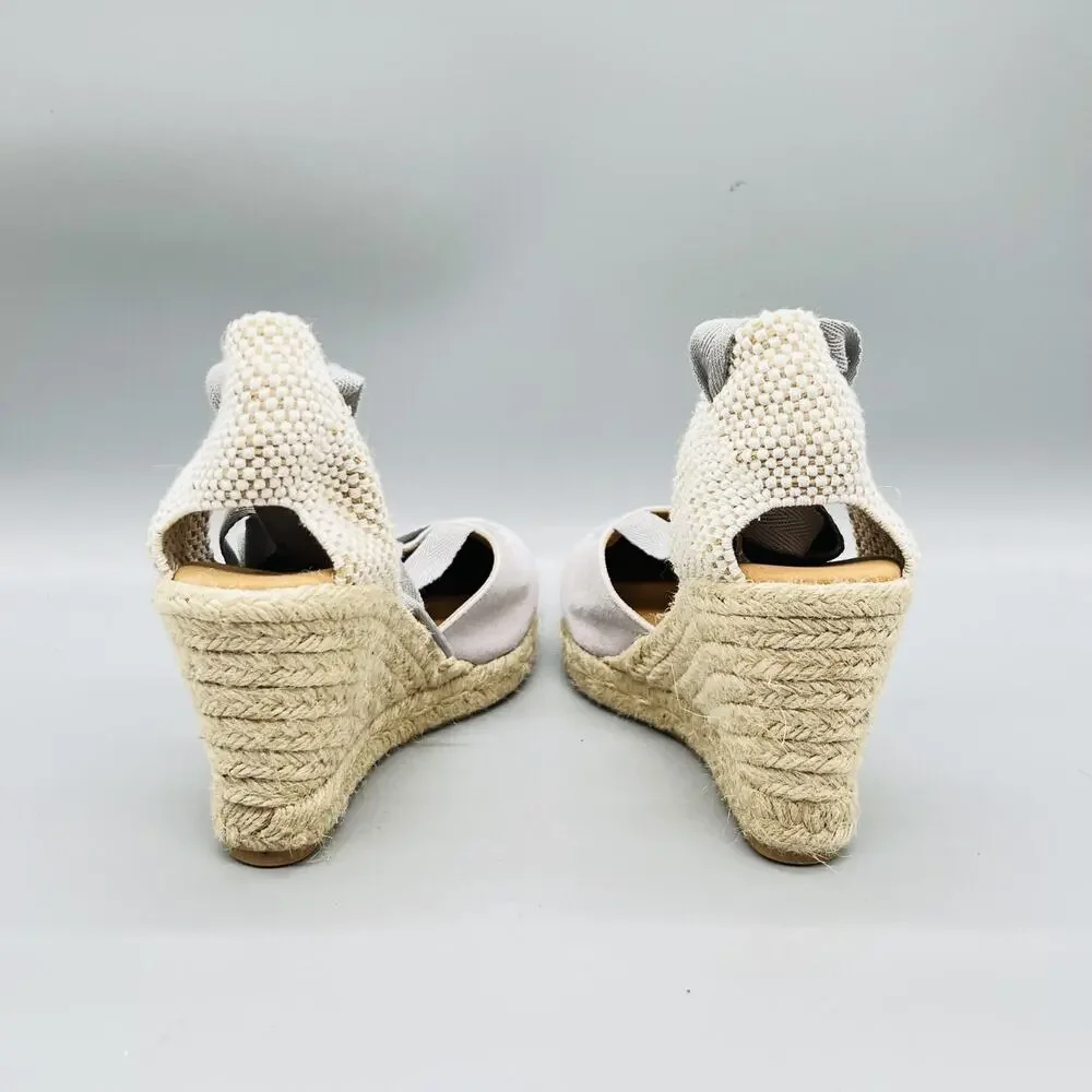 Paseart Sandals Womens 8.5 Gray Suede Espadrille Wedge Ankle Tie Lace Up Shoes